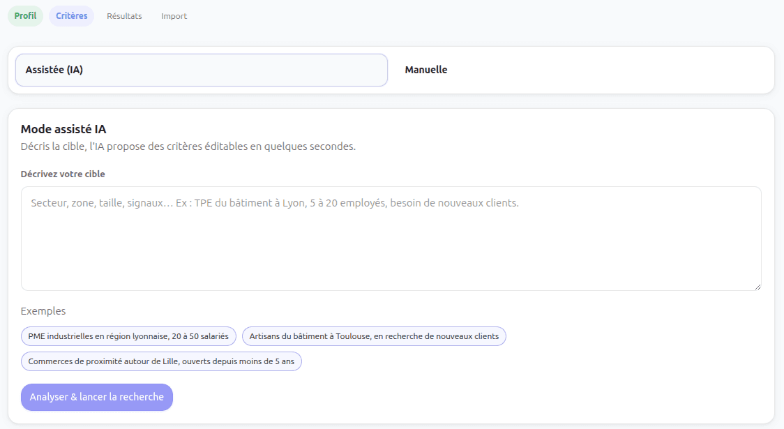 Interface de recherche B2B de TrouveTonClient : filtres secteur, zone géographique et résultats d'entreprises