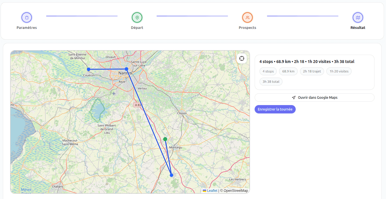Planification de tournées commerciales TrouveTonClient : carte avec prospects géolocalisés et itinéraire optimisé
