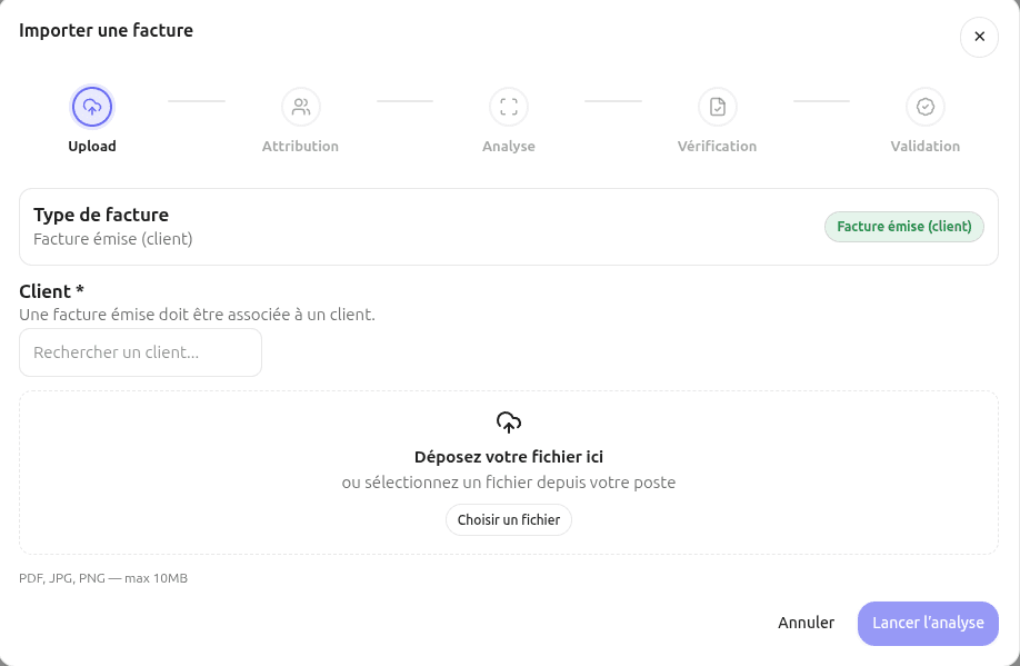 Interface d'import intelligent de factures TrouveTonClient : détection automatique des montants TTC, TVA, numéro et dates